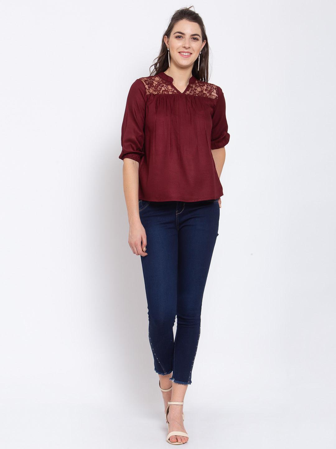 Women Maroon Loose Fit V Neck Top-Tops-StyleQuotient