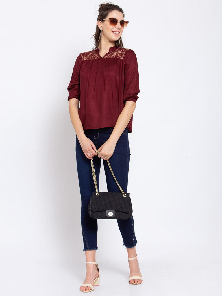 Women Maroon Loose Fit V Neck Top-Tops-StyleQuotient