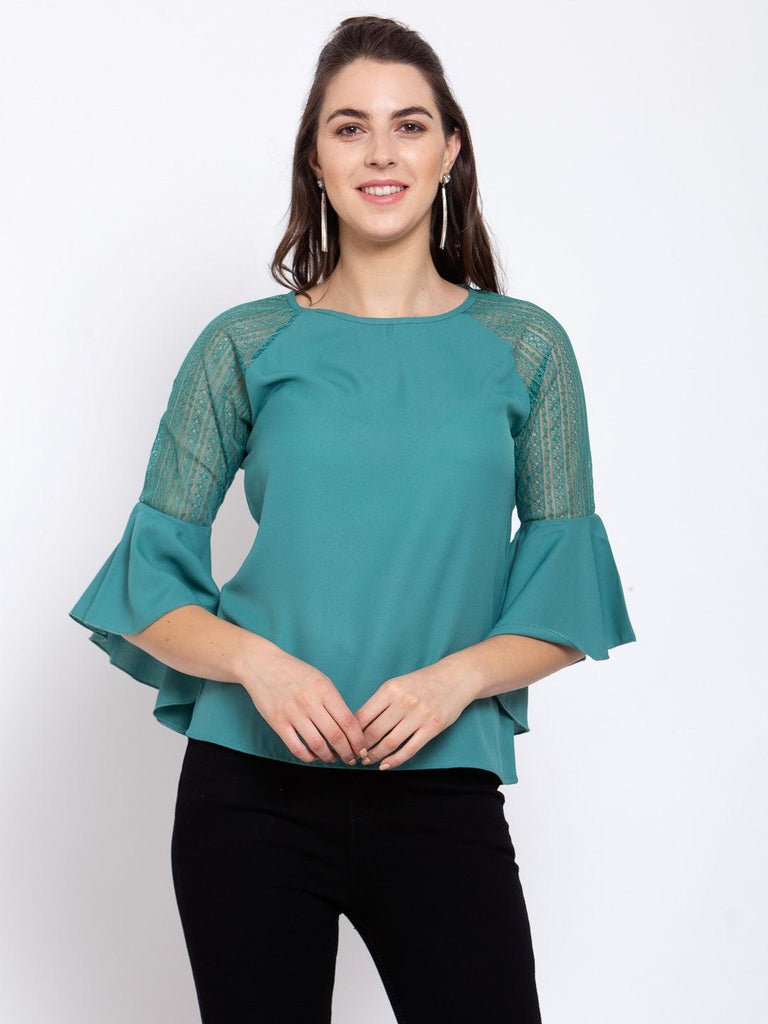 Women Teal Round Neck Flare Lace Insert Sleeve Top-Tops-StyleQuotient