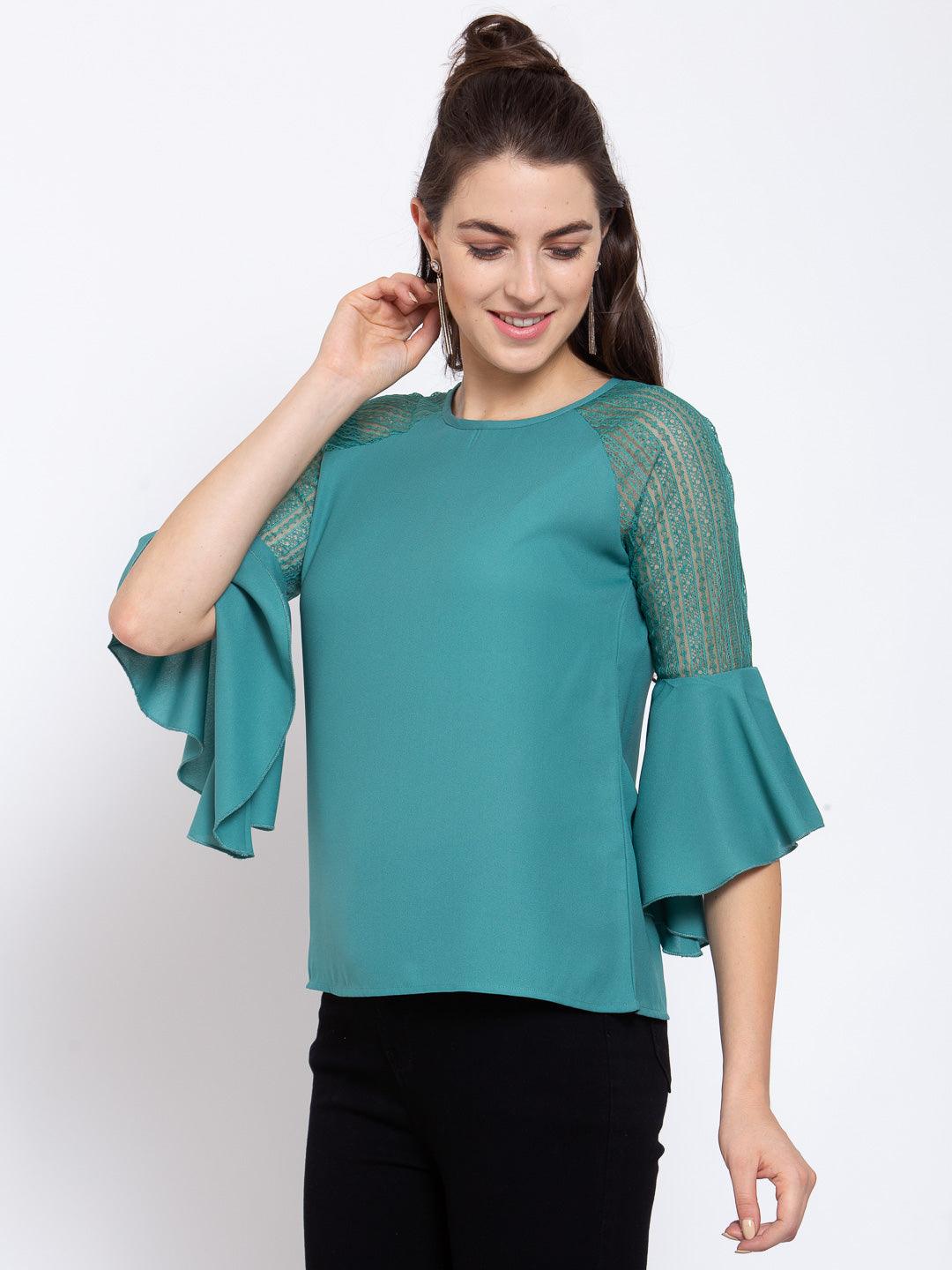 Women Teal Round Neck Flare Lace Insert Sleeve Top-Tops-StyleQuotient