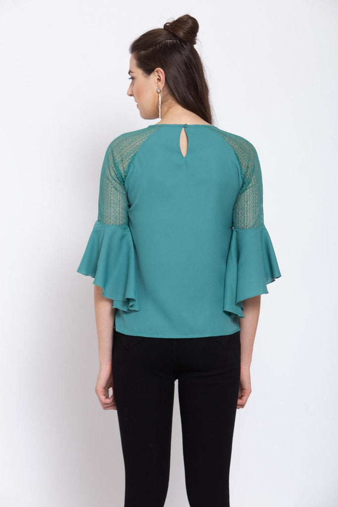 Women Teal Round Neck Flare Lace Insert Sleeve Top-Tops-StyleQuotient