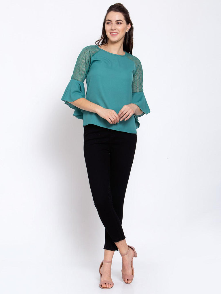 Women Teal Round Neck Flare Lace Insert Sleeve Top-Tops-StyleQuotient