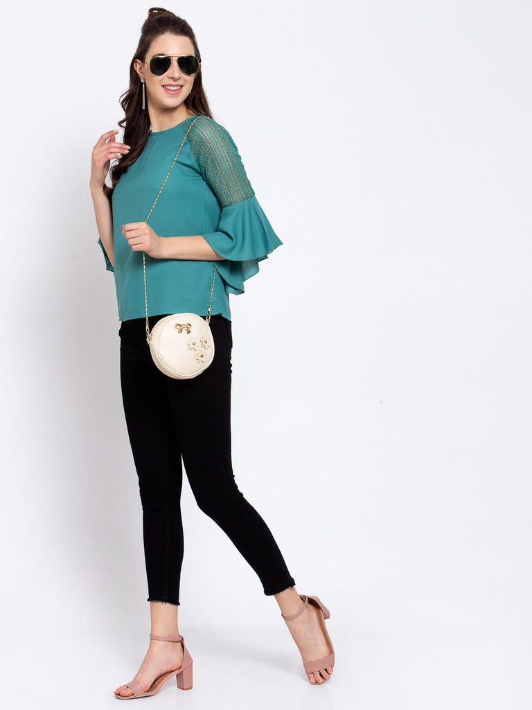 Women Teal Round Neck Flare Lace Insert Sleeve Top-Tops-StyleQuotient