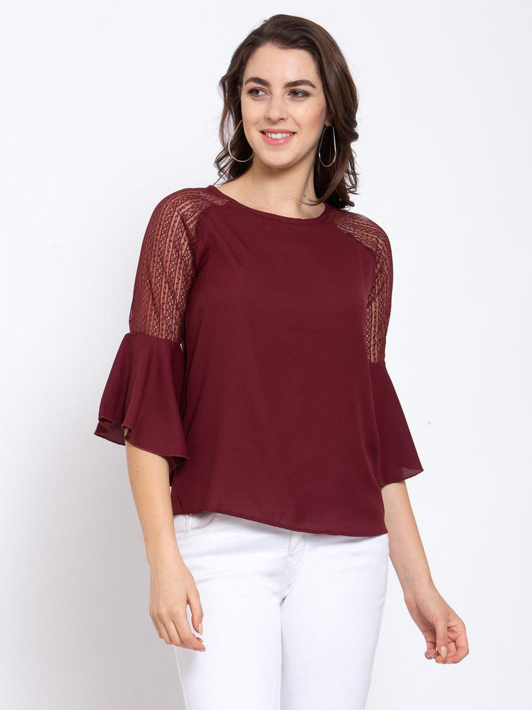 Women Wine Round Neck Flare Lace Insert Sleeve Top-Tops-StyleQuotient