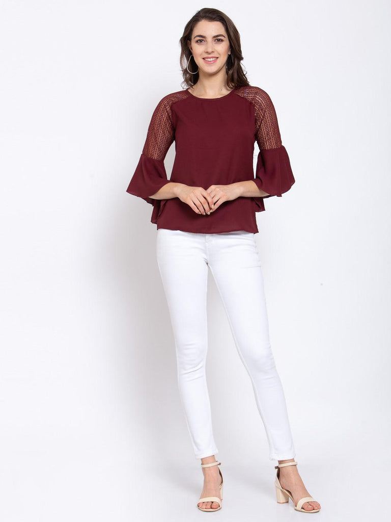 Women Wine Round Neck Flare Lace Insert Sleeve Top-Tops-StyleQuotient