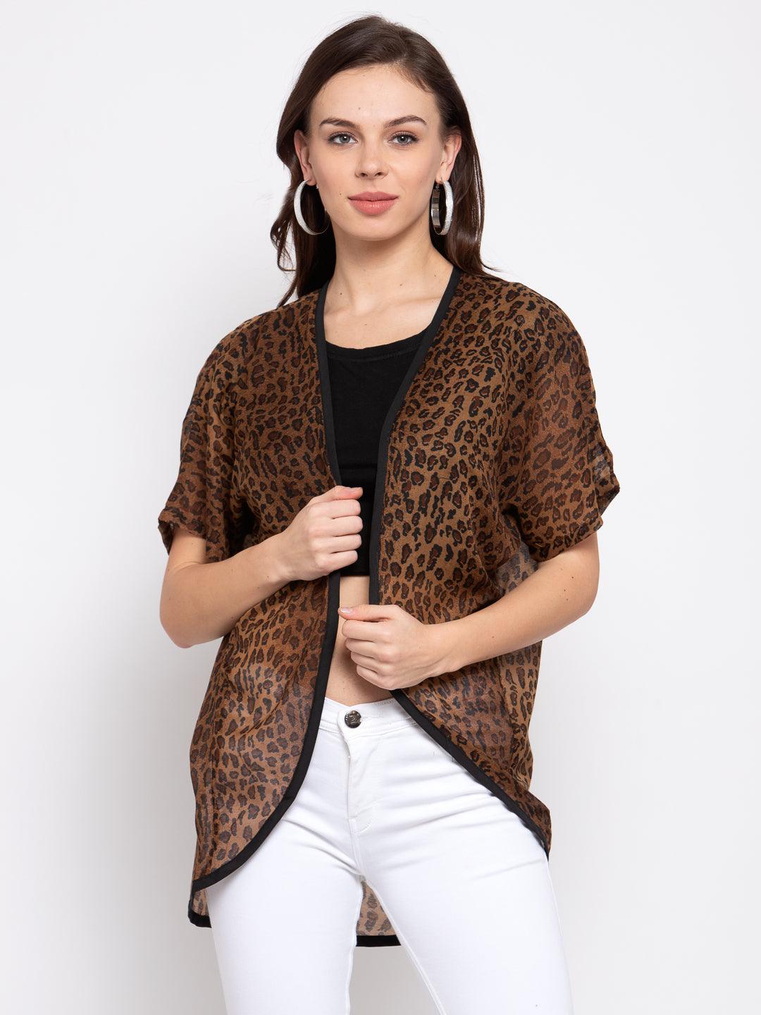 Women Brown & Black Printed Open Front Shrug-Shrug-StyleQuotient