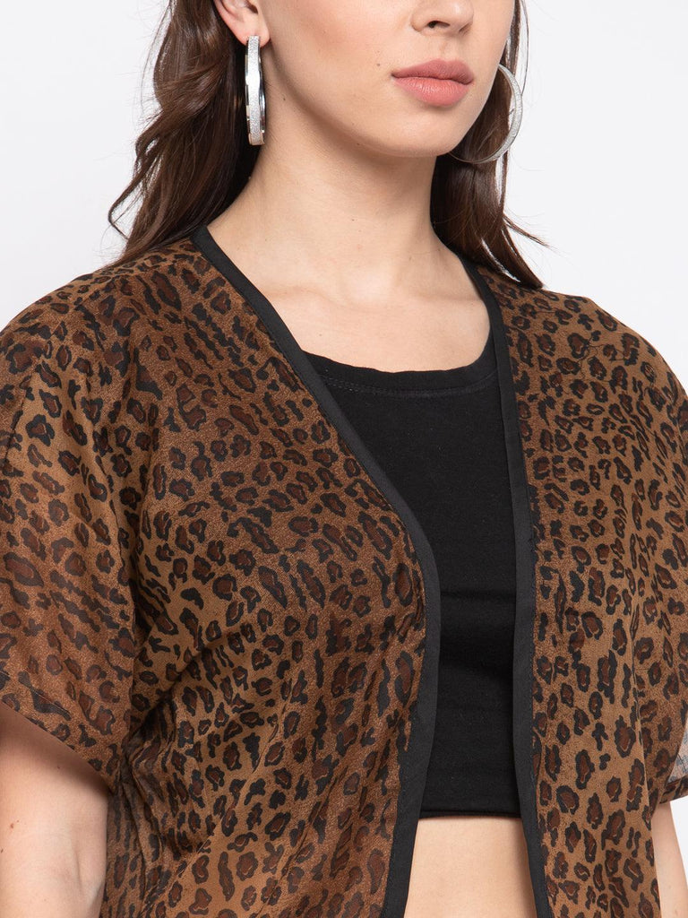 Women Brown & Black Printed Open Front Shrug-Shrug-StyleQuotient