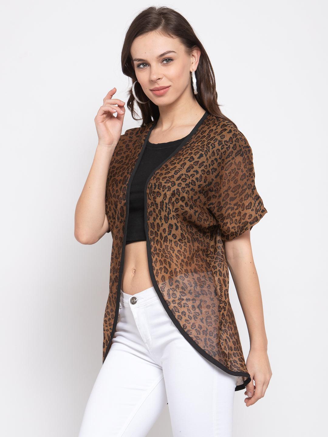 Women Brown & Black Printed Open Front Shrug-Shrug-StyleQuotient