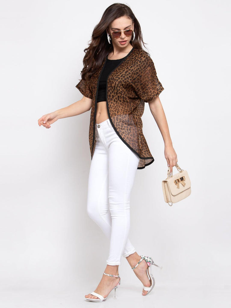 Women Brown & Black Printed Open Front Shrug-Shrug-StyleQuotient