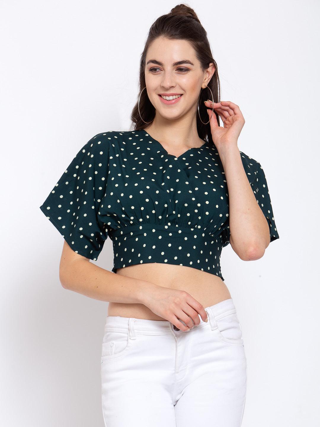 Women Green Polka Dot Printed Crop Top-Tops-StyleQuotient