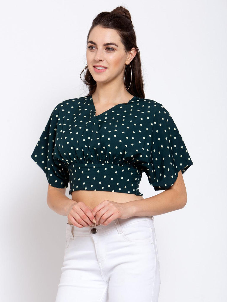 Women Green Polka Dot Printed Crop Top-Tops-StyleQuotient