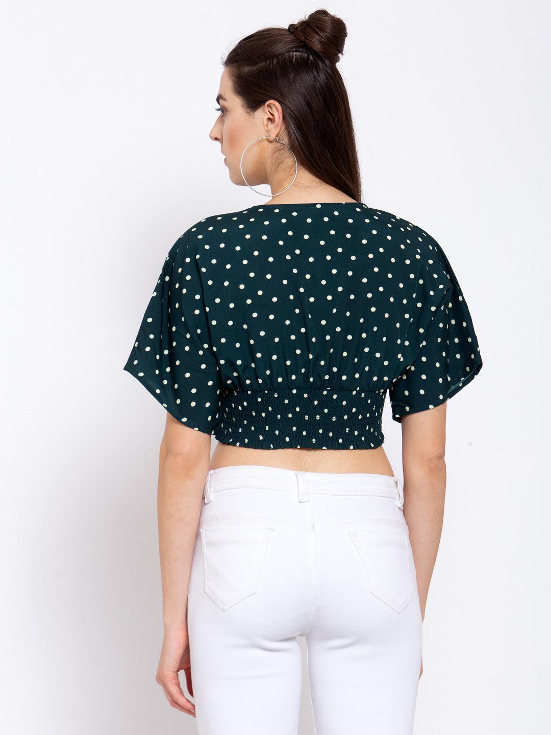 Women Green Polka Dot Printed Crop Top-Tops-StyleQuotient