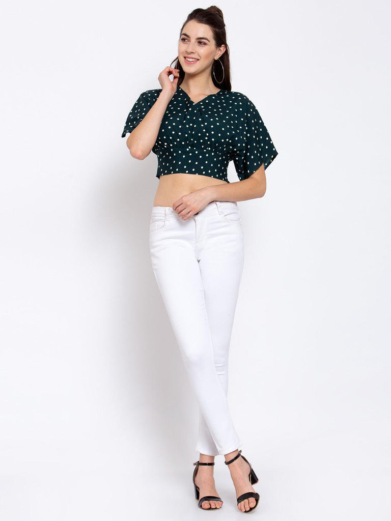 Women Green Polka Dot Printed Crop Top-Tops-StyleQuotient