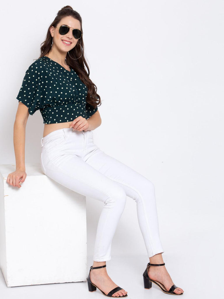 Women Green Polka Dot Printed Crop Top-Tops-StyleQuotient