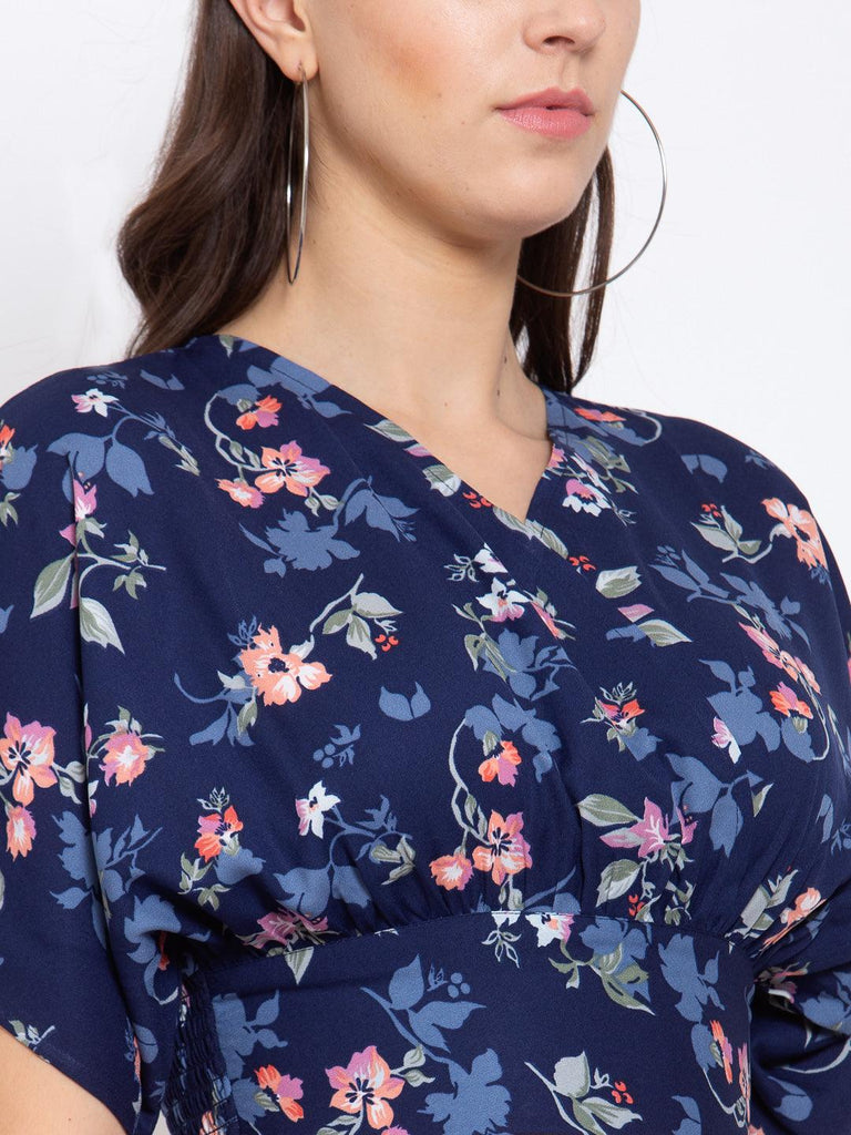 Women Navy Blue & Pink Floral Printed Crepe Blouse Crop Top-Tops-StyleQuotient