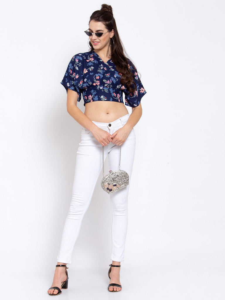 Women Navy Blue & Pink Floral Printed Crepe Blouse Crop Top-Tops-StyleQuotient