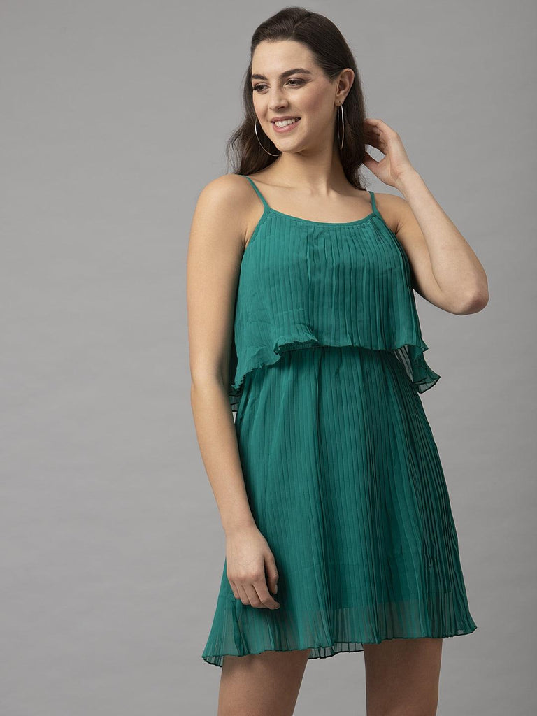 Women Green Pleated Layer Knee length Dress-Dresses-StyleQuotient
