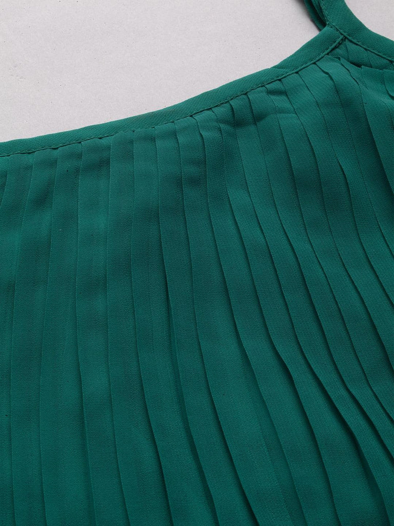 Women Green Pleated Layer Knee length Dress-Dresses-StyleQuotient