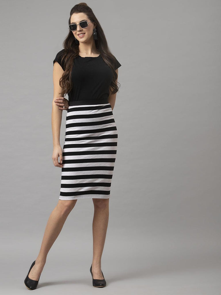 Women Black White Jersey Stripe Midi Tube Skirts-Skirts-StyleQuotient