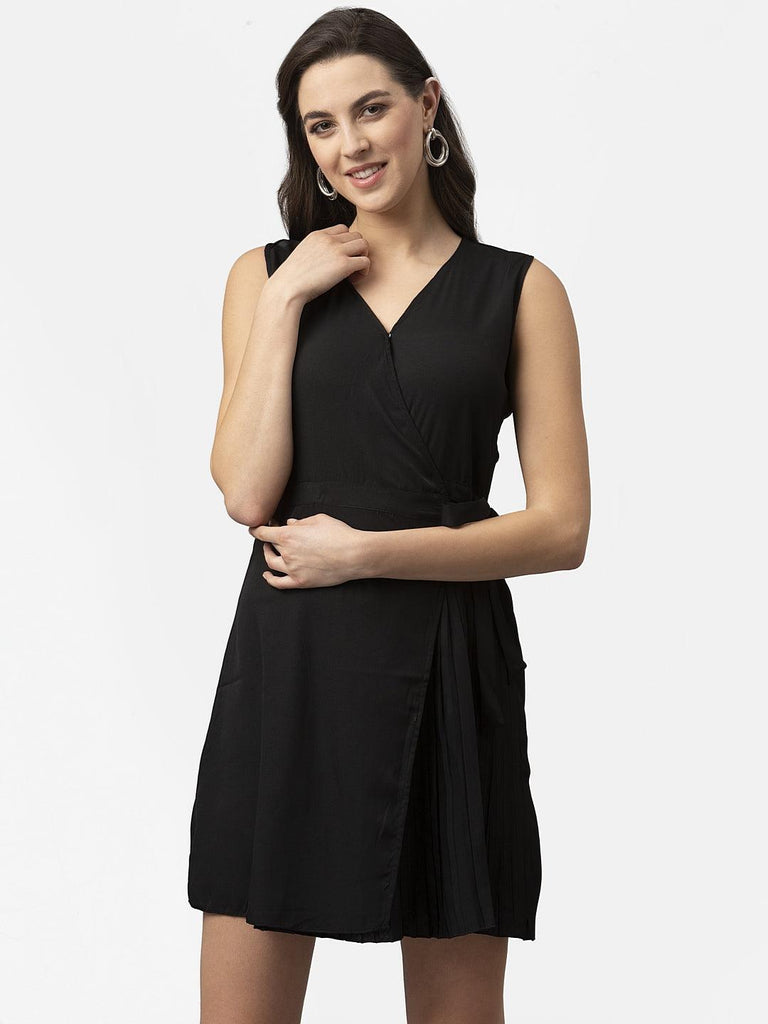 Women Black Sleeveless Pleated Wrap Dress-Dresses-StyleQuotient