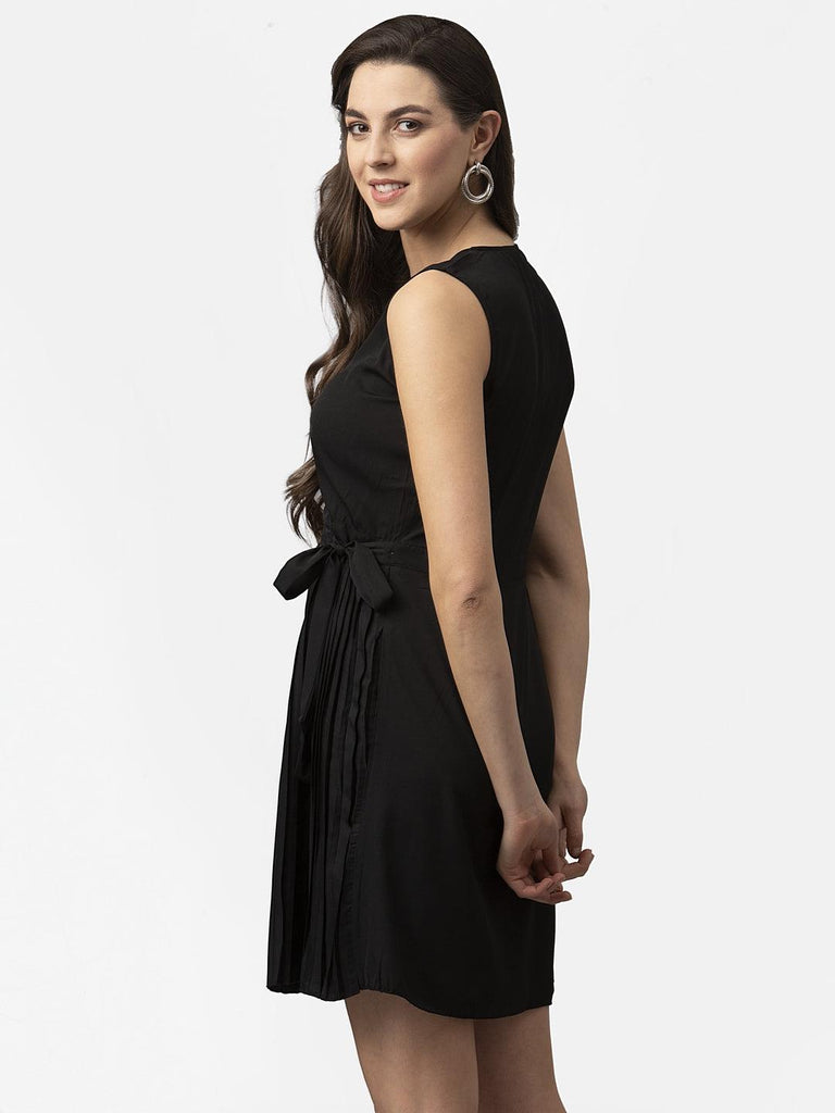 Women Black Sleeveless Pleated Wrap Dress-Dresses-StyleQuotient