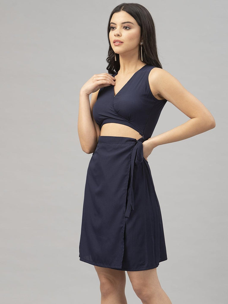 Women Navy Blue Peek-A-Boo Sleeveless Wrap Party Dress-Dresses-StyleQuotient