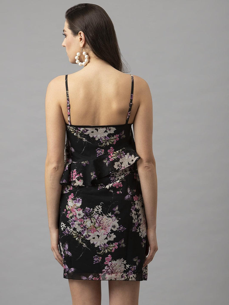 Women Black Floral Printed Ruffle Dress-Dresses-StyleQuotient