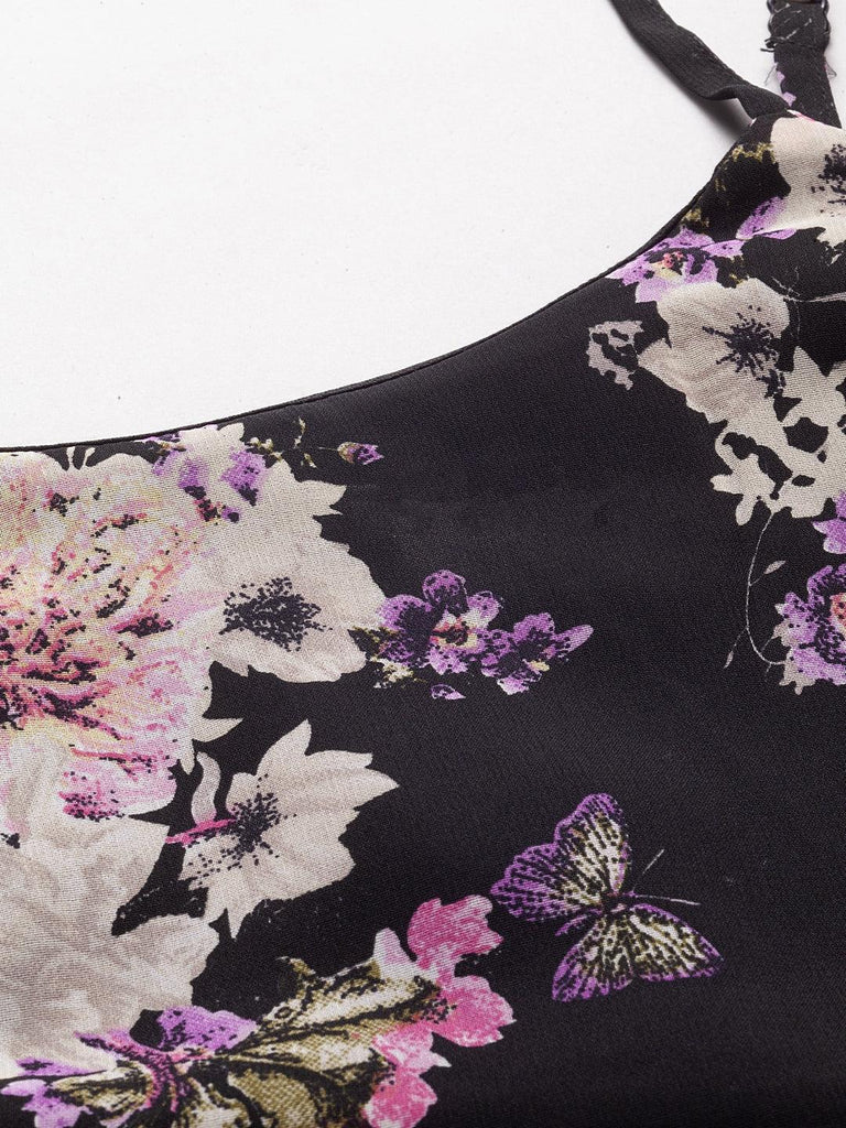 Women Black Floral Printed Ruffle Dress-Dresses-StyleQuotient