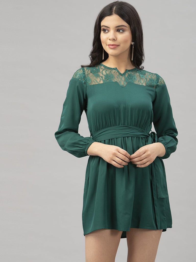 Women Green Belted Party Dress-Dresses-StyleQuotient
