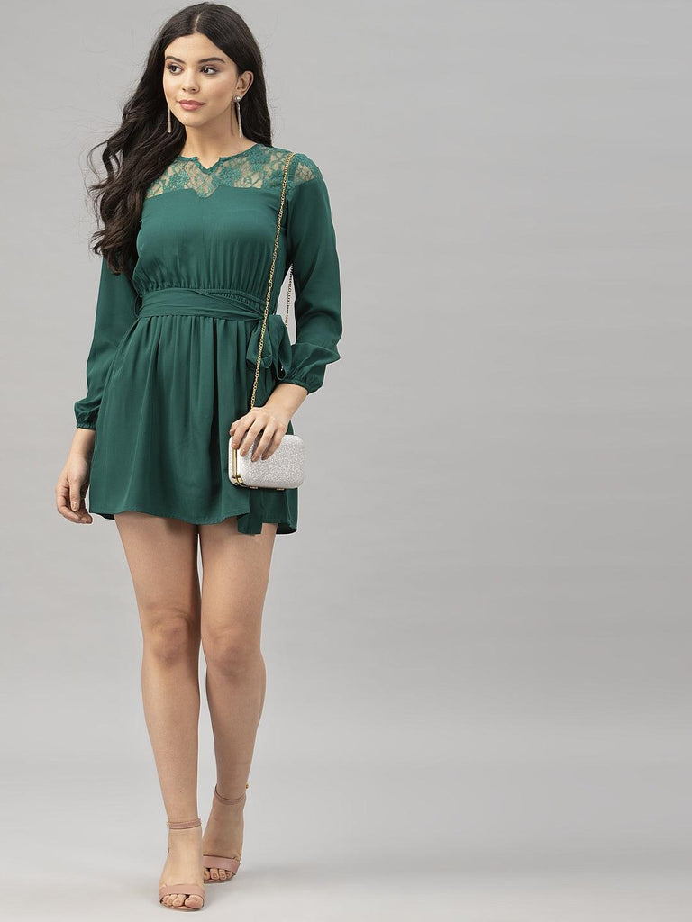 Women Green Belted Party Dress-Dresses-StyleQuotient