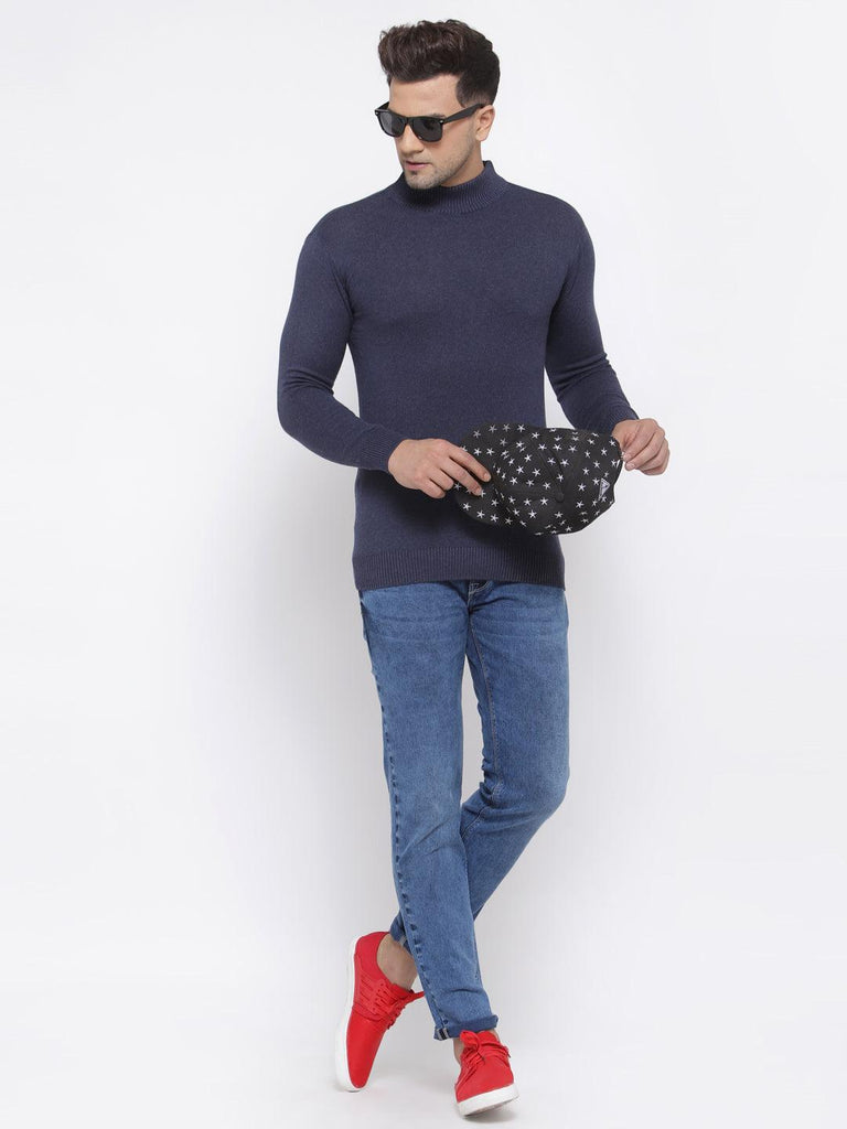 Style Quotient Men Solid Dark Blue Knitted Regular Sweatshirt-Men's Sweaters-StyleQuotient