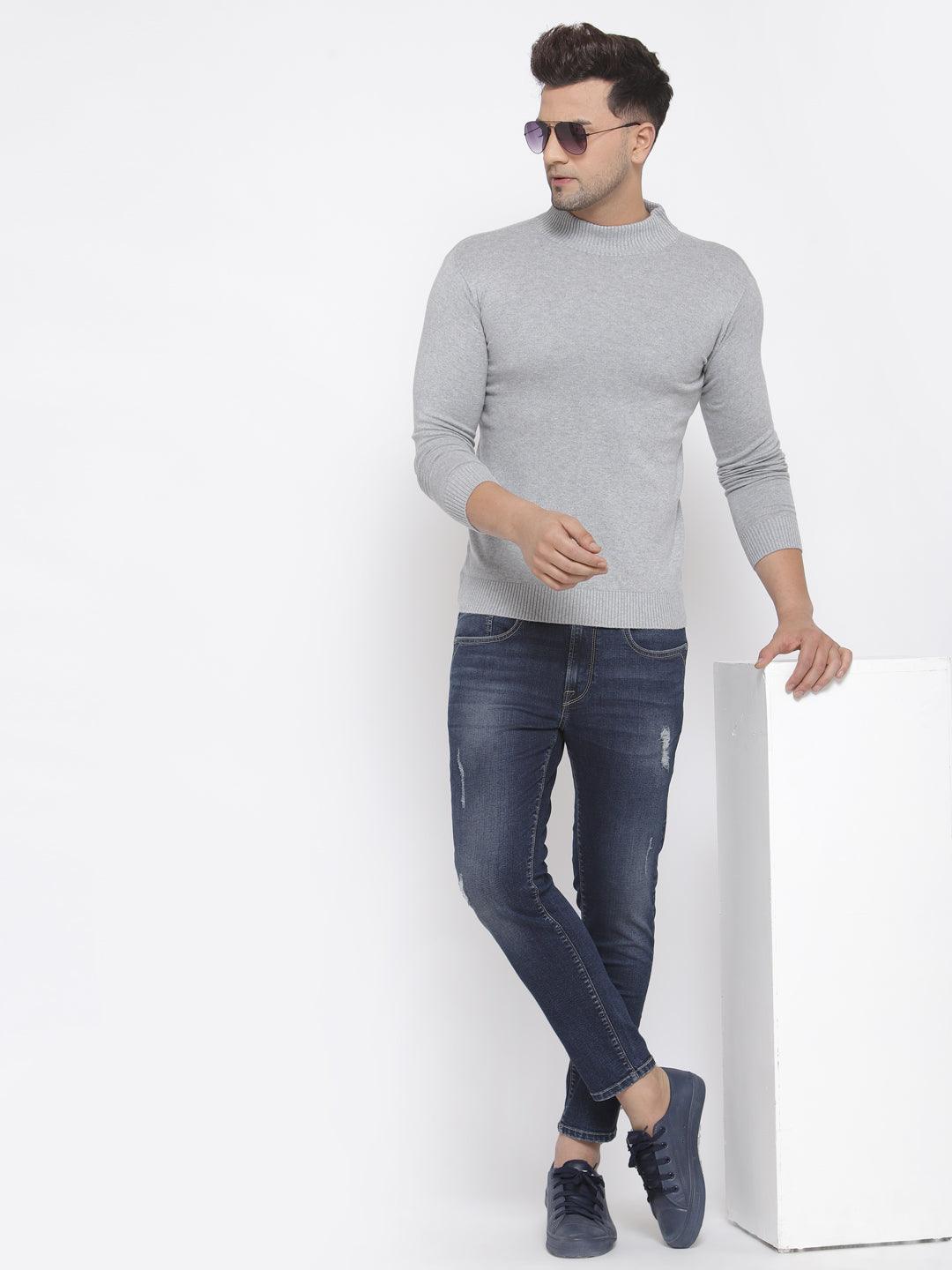 Style Quotient Men Solid Grey Knitted Regular Sweatshirt-Men's Sweaters-StyleQuotient