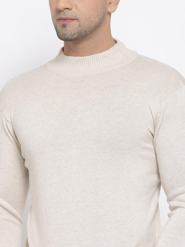 Style Quotient Men Solid Off White Knitted Regular Sweatshirt-Men's Sweaters-StyleQuotient