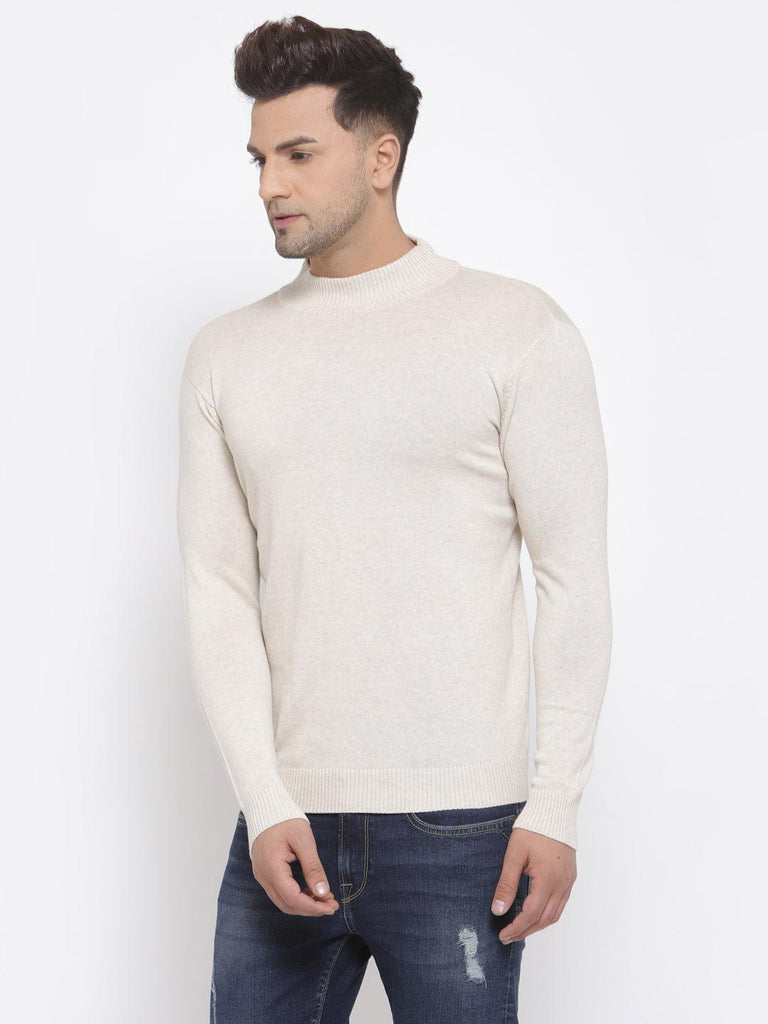 Style Quotient Men Solid Off White Knitted Regular Sweatshirt-Men's Sweaters-StyleQuotient