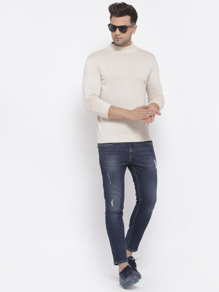 Style Quotient Men Solid Off White Knitted Regular Sweatshirt-Men's Sweaters-StyleQuotient