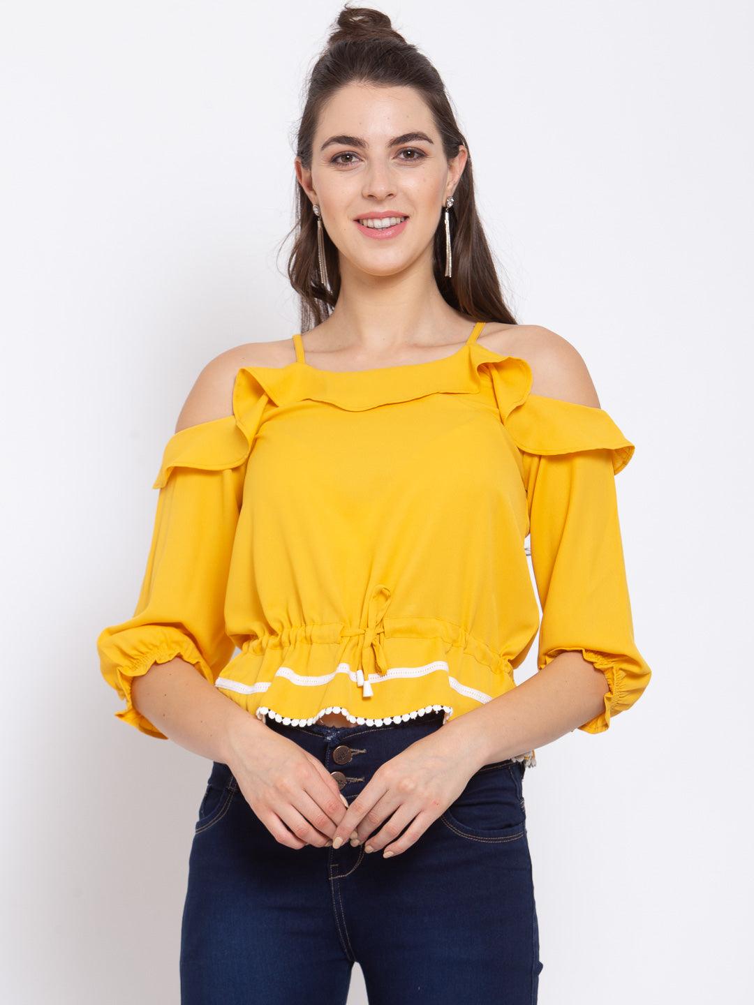 Women Yellow Cold-Shoulder Sleeves Crepe Blouse Crop Top-Tops-StyleQuotient