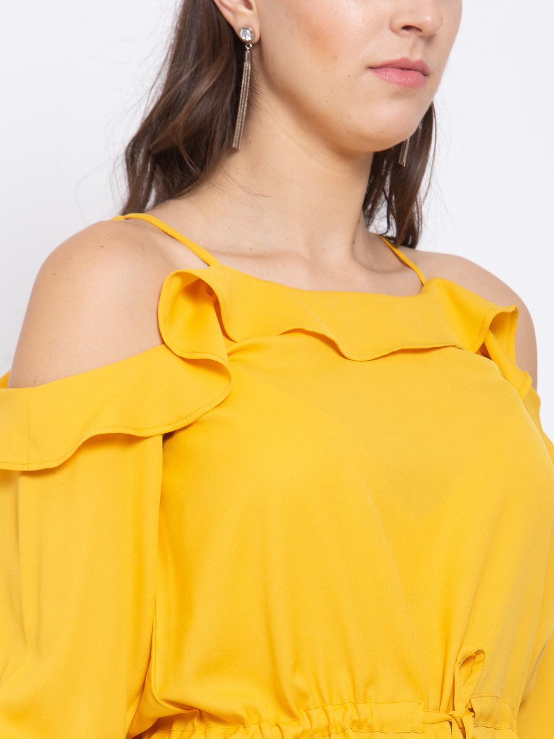 Women Yellow Cold-Shoulder Sleeves Crepe Blouse Crop Top-Tops-StyleQuotient