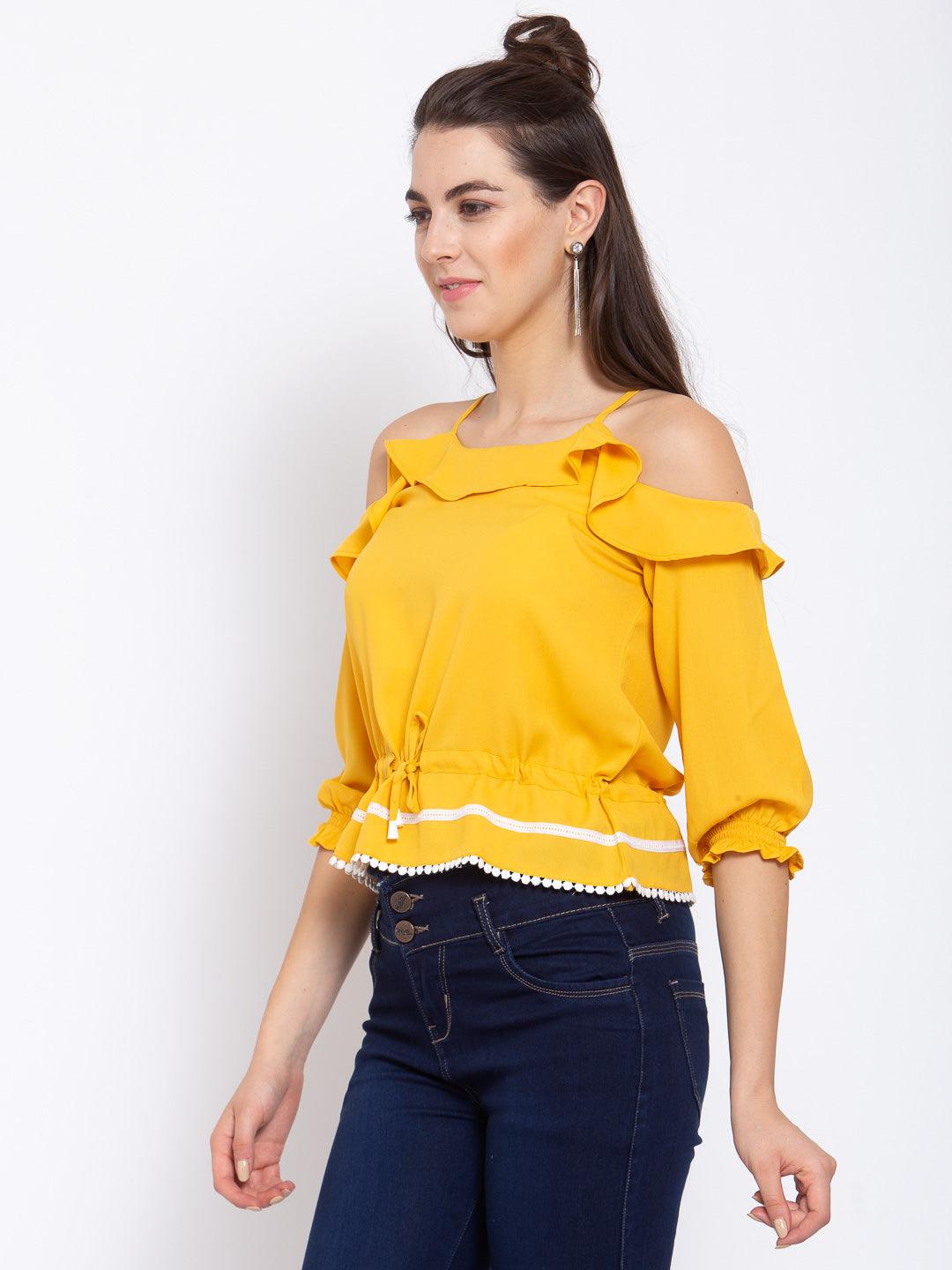 Women Yellow Cold-Shoulder Sleeves Crepe Blouse Crop Top-Tops-StyleQuotient