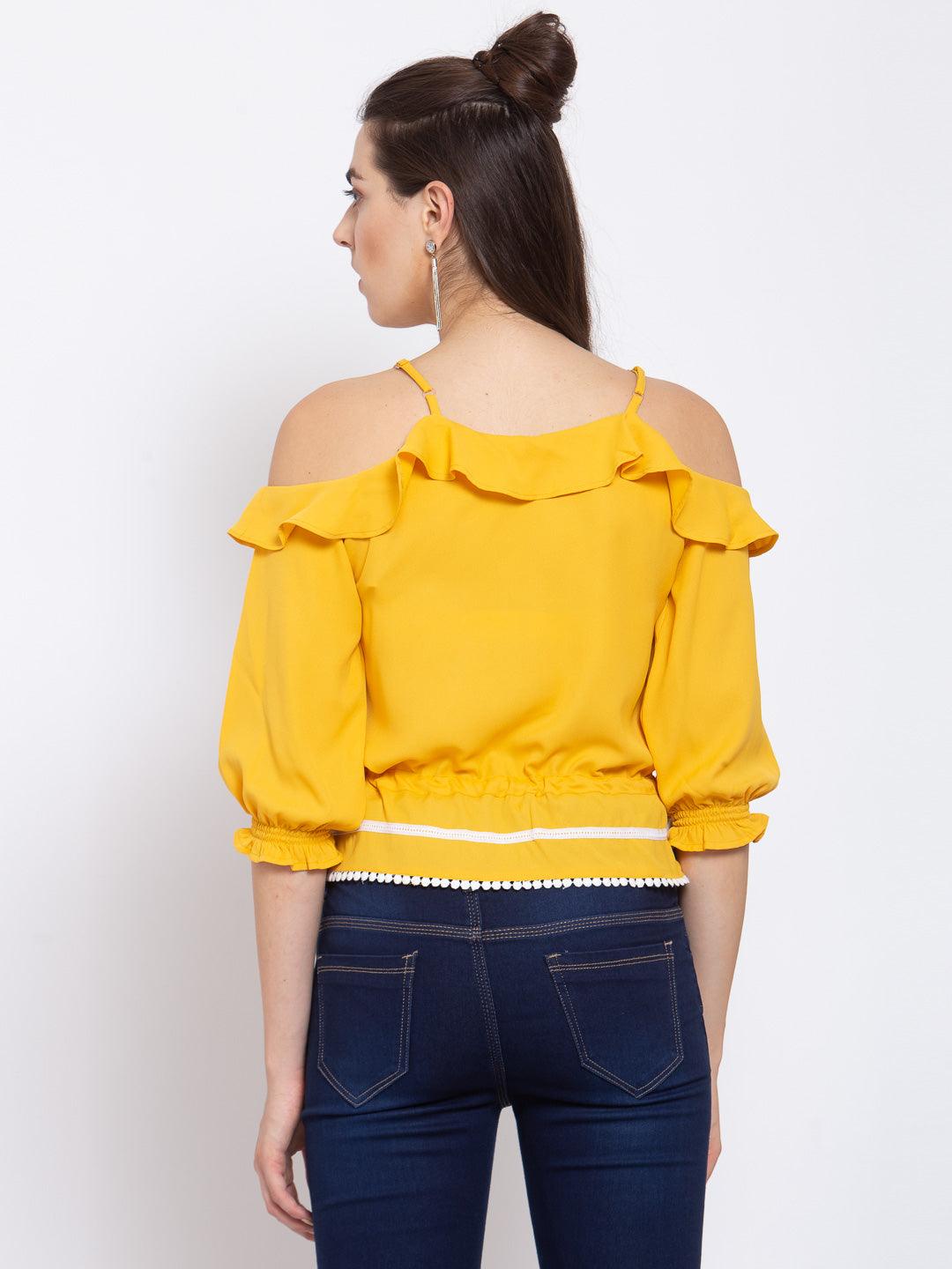 Women Yellow Cold-Shoulder Sleeves Crepe Blouse Crop Top-Tops-StyleQuotient