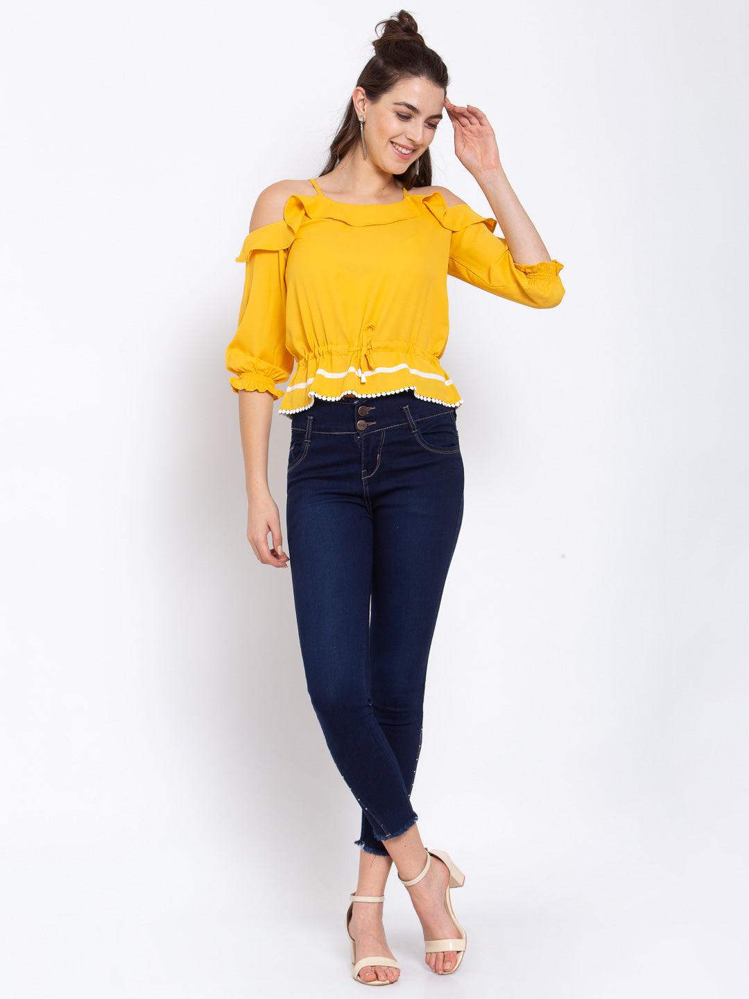 Women Yellow Cold-Shoulder Sleeves Crepe Blouse Crop Top-Tops-StyleQuotient