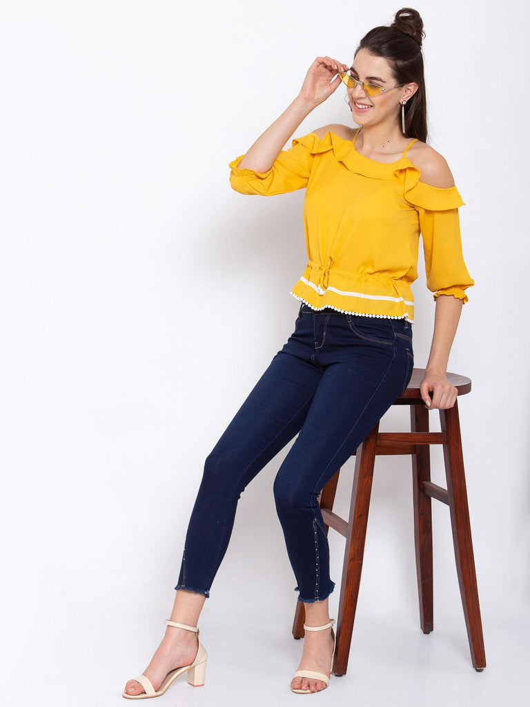 Women Yellow Cold-Shoulder Sleeves Crepe Blouse Crop Top-Tops-StyleQuotient