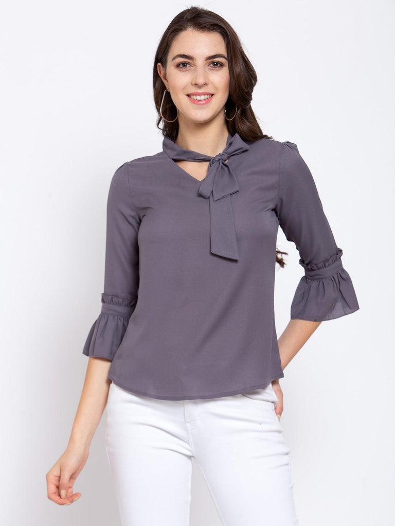 Style Quotient Women Solid Grey Polymoss Regular smart casual Top-Tops-StyleQuotient