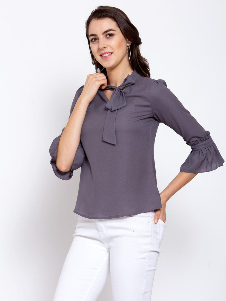 Style Quotient Women Solid Grey Polymoss Regular smart casual Top-Tops-StyleQuotient