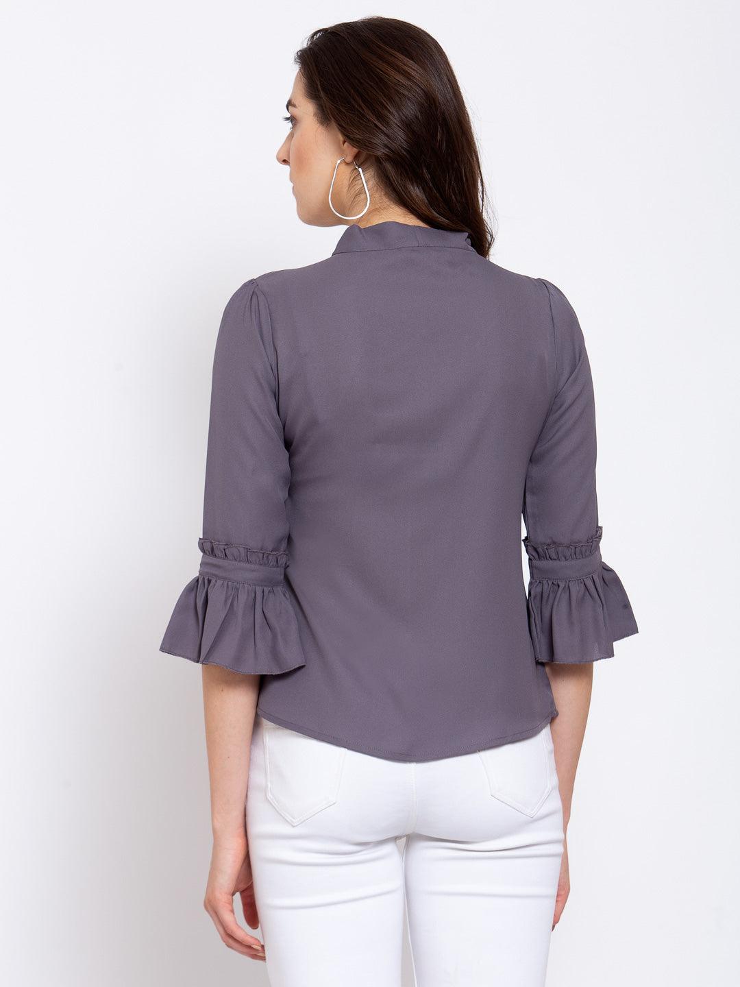 Style Quotient Women Solid Grey Polymoss Regular smart casual Top-Tops-StyleQuotient