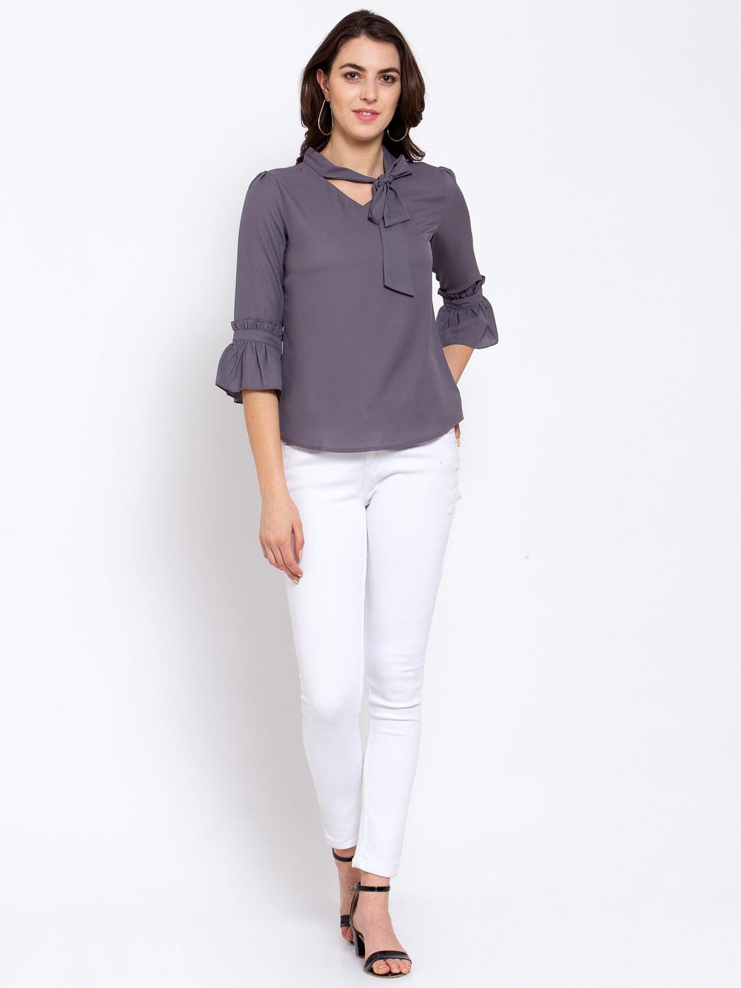 Style Quotient Women Solid Grey Polymoss Regular smart casual Top-Tops-StyleQuotient