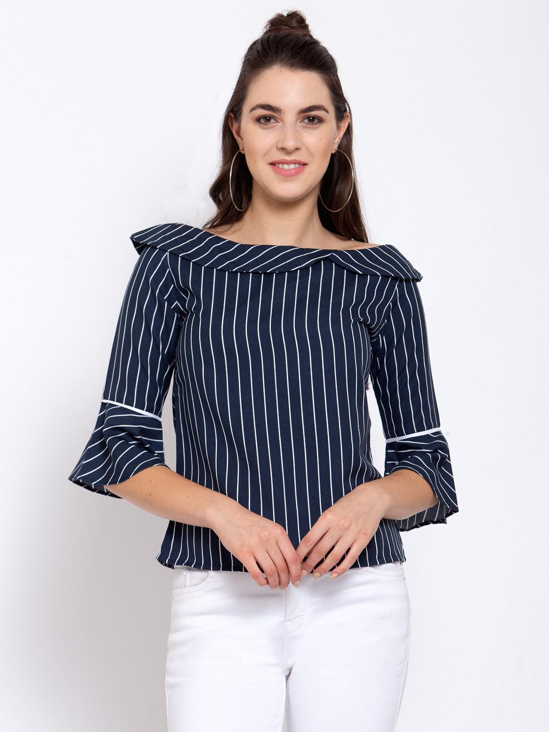 Women Navy Blue & White Striped Bell Sleeves Crepe Regular Top-Tops-StyleQuotient