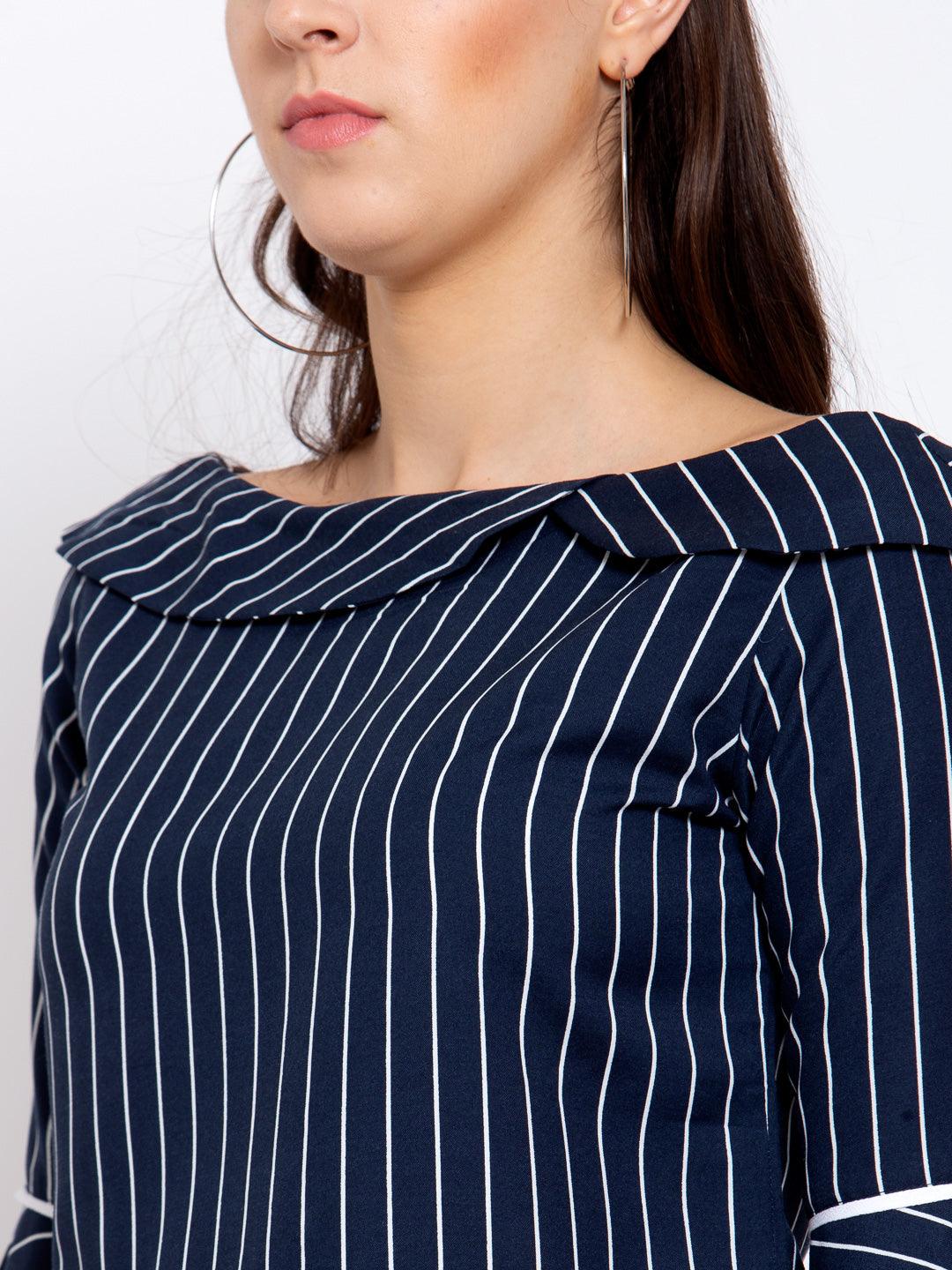 Women Navy Blue & White Striped Bell Sleeves Crepe Regular Top-Tops-StyleQuotient