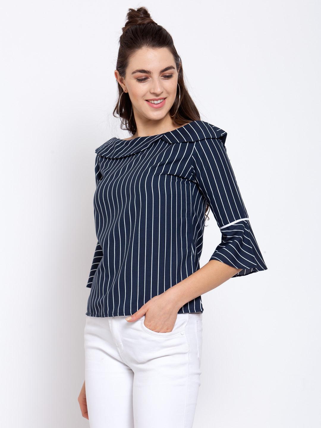 Women Navy Blue & White Striped Bell Sleeves Crepe Regular Top-Tops-StyleQuotient