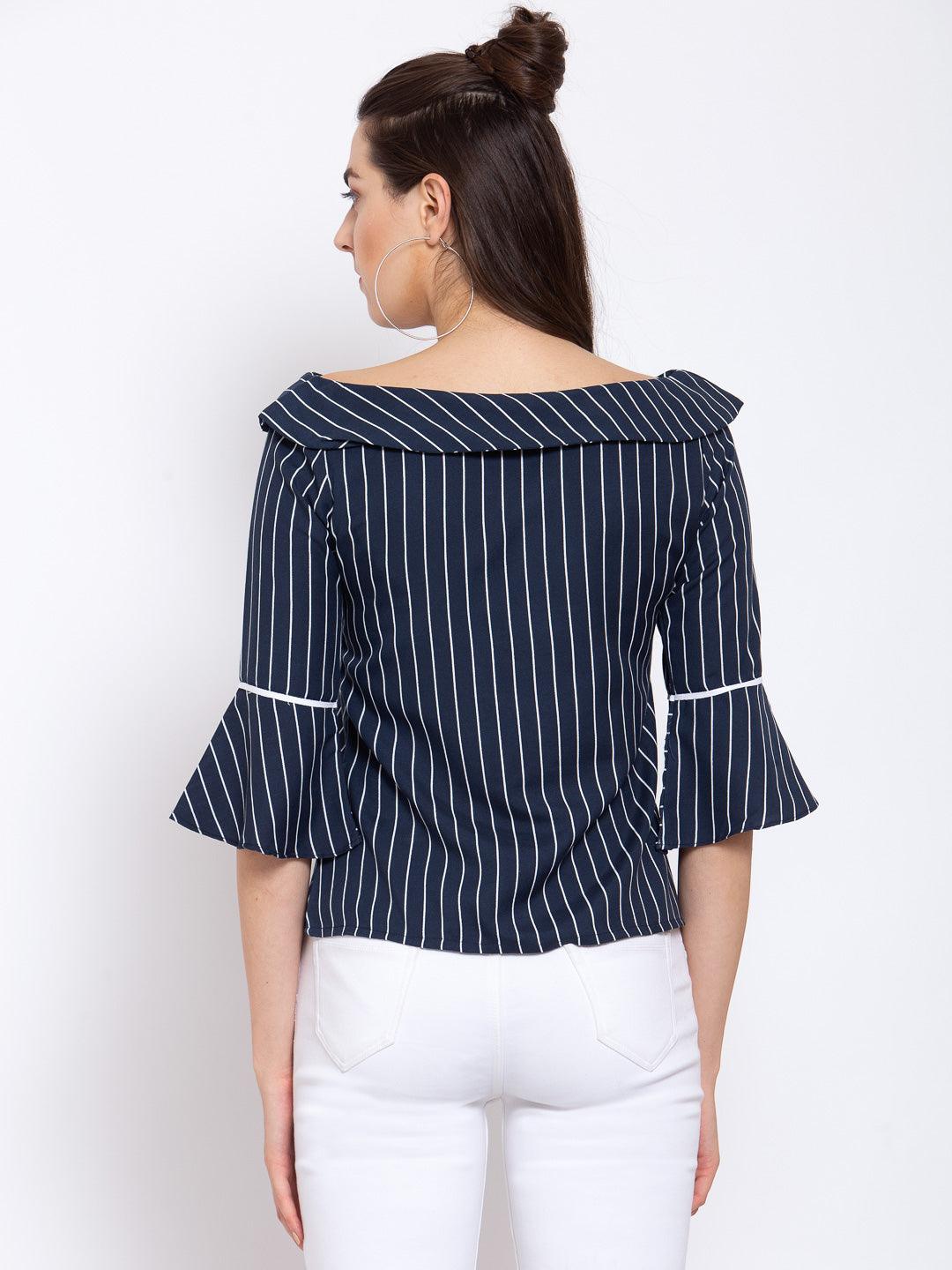 Women Navy Blue & White Striped Bell Sleeves Crepe Regular Top-Tops-StyleQuotient