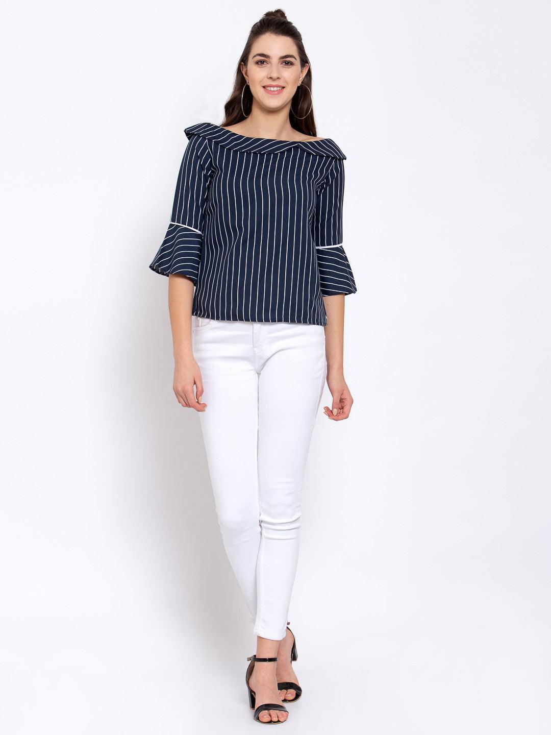 Women Navy Blue & White Striped Bell Sleeves Crepe Regular Top-Tops-StyleQuotient